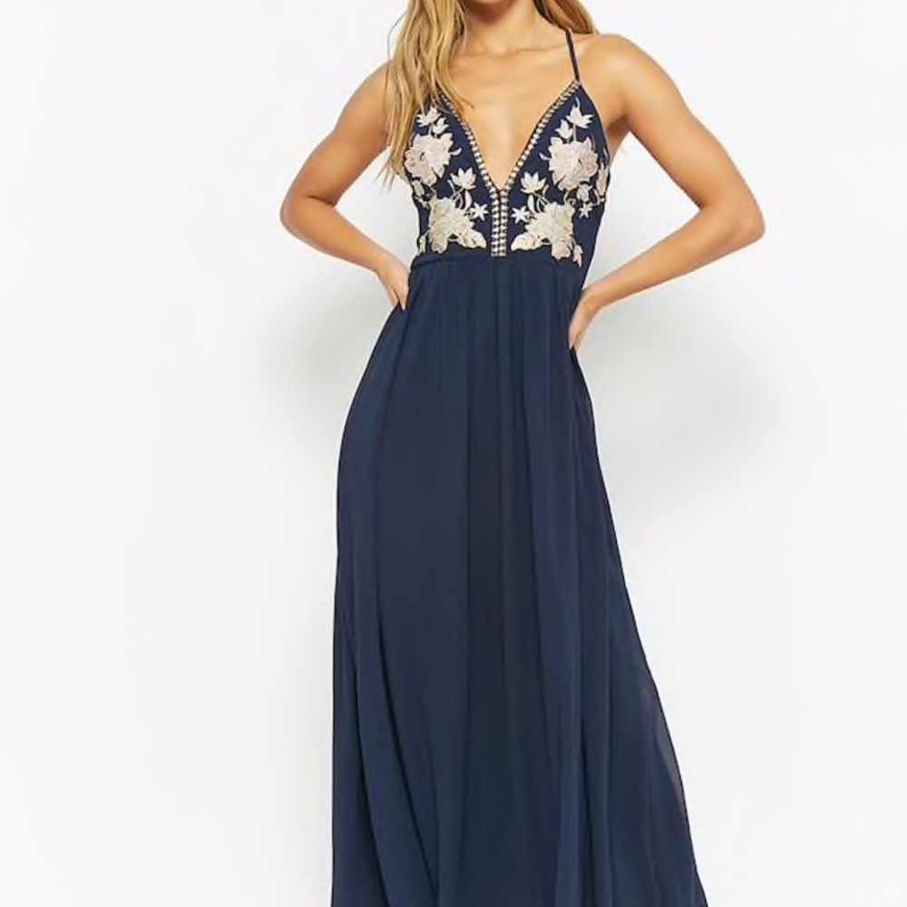 Long Prom Dress Navy Blue, Gold Detailing